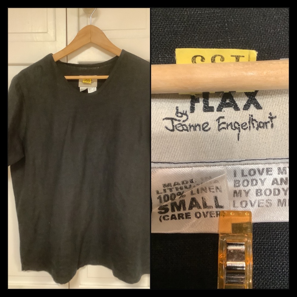 Vintage FLAX Jeanne Engelhart black 100% linen boxy top Lagenlook Sz SMALL